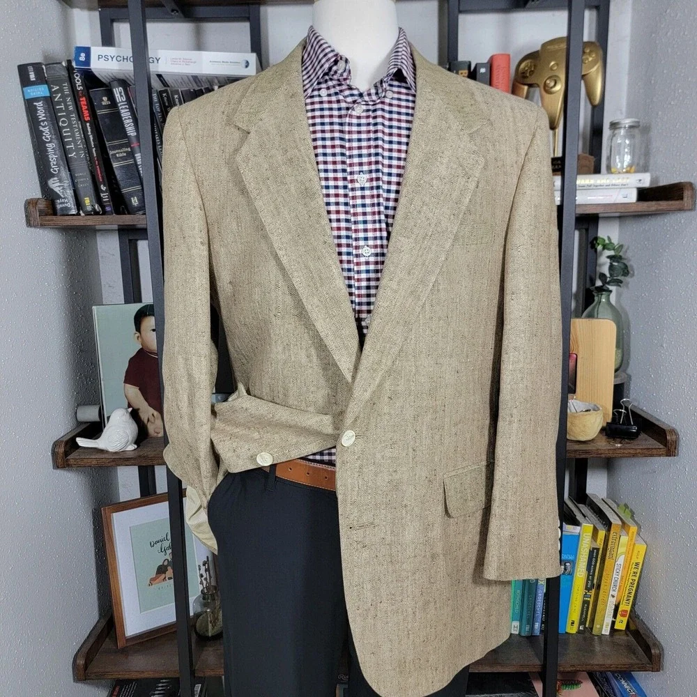 VTG Town Craft Men's Sport Coat Blazer Two Button Dark‎ Beige Silk Size 44L